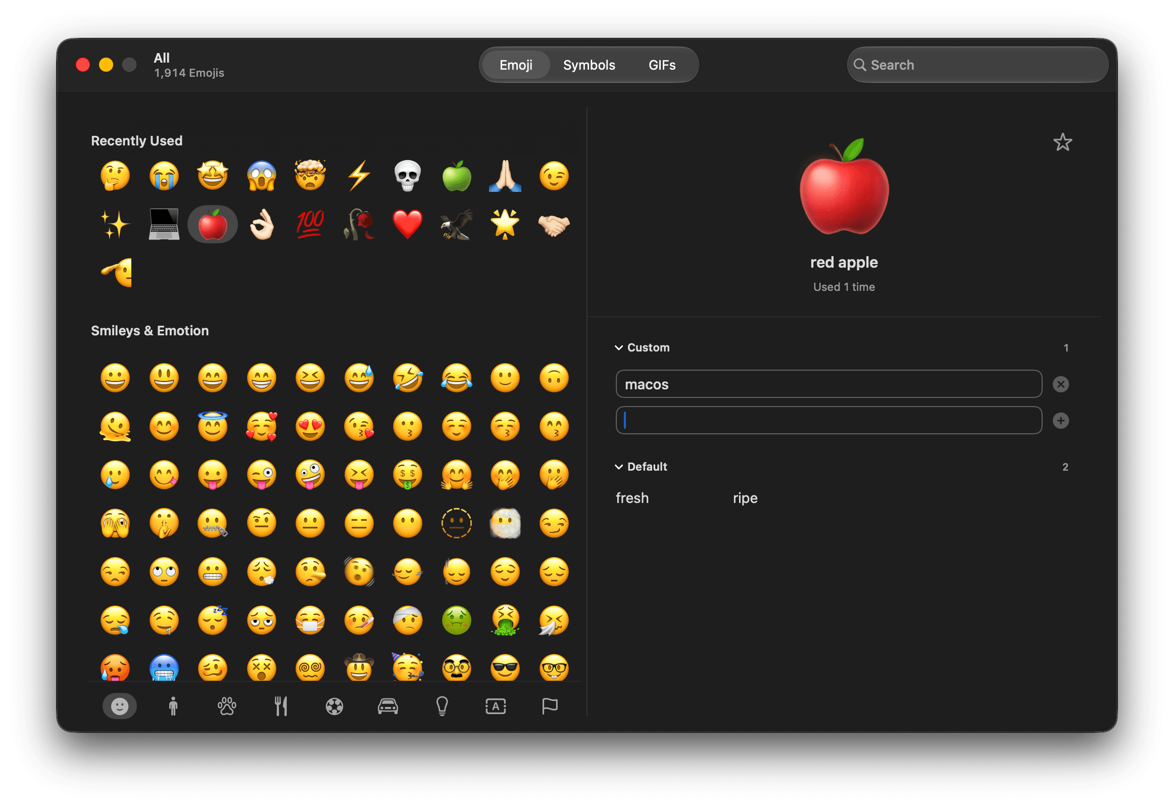 Splice's customization window, with tabs for emoji, symbols and GIFs, a grid of recently used and smiley emoji, and a red apple selected beside its keywords: a custom one reading macos, and the defaults fresh and ripe