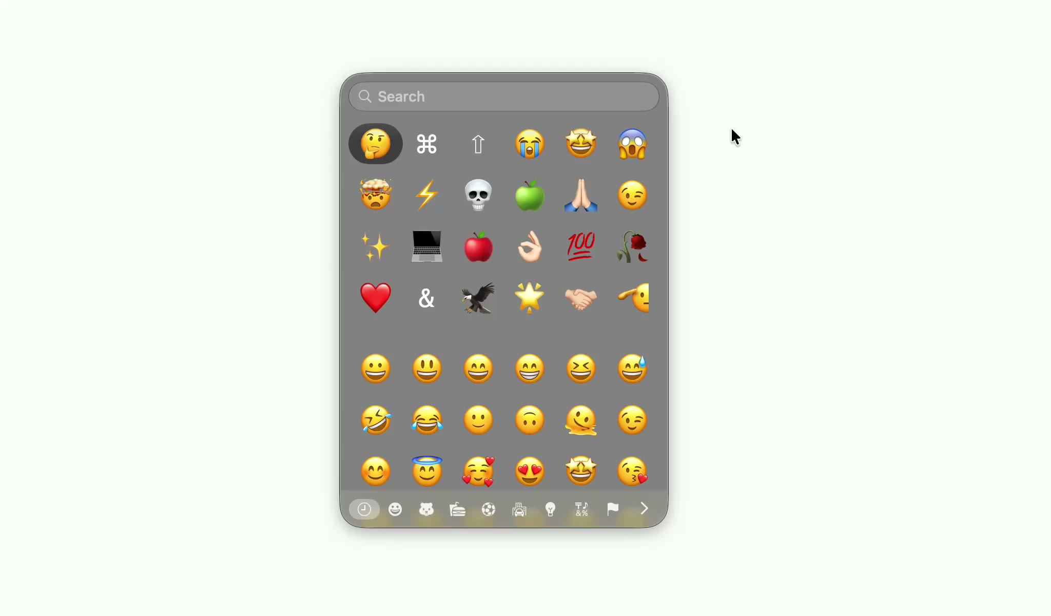 Splice's emoji board open on a Mac, with a search field, a grid of recently used emoji and symbols, and a strip of category icons along the bottom