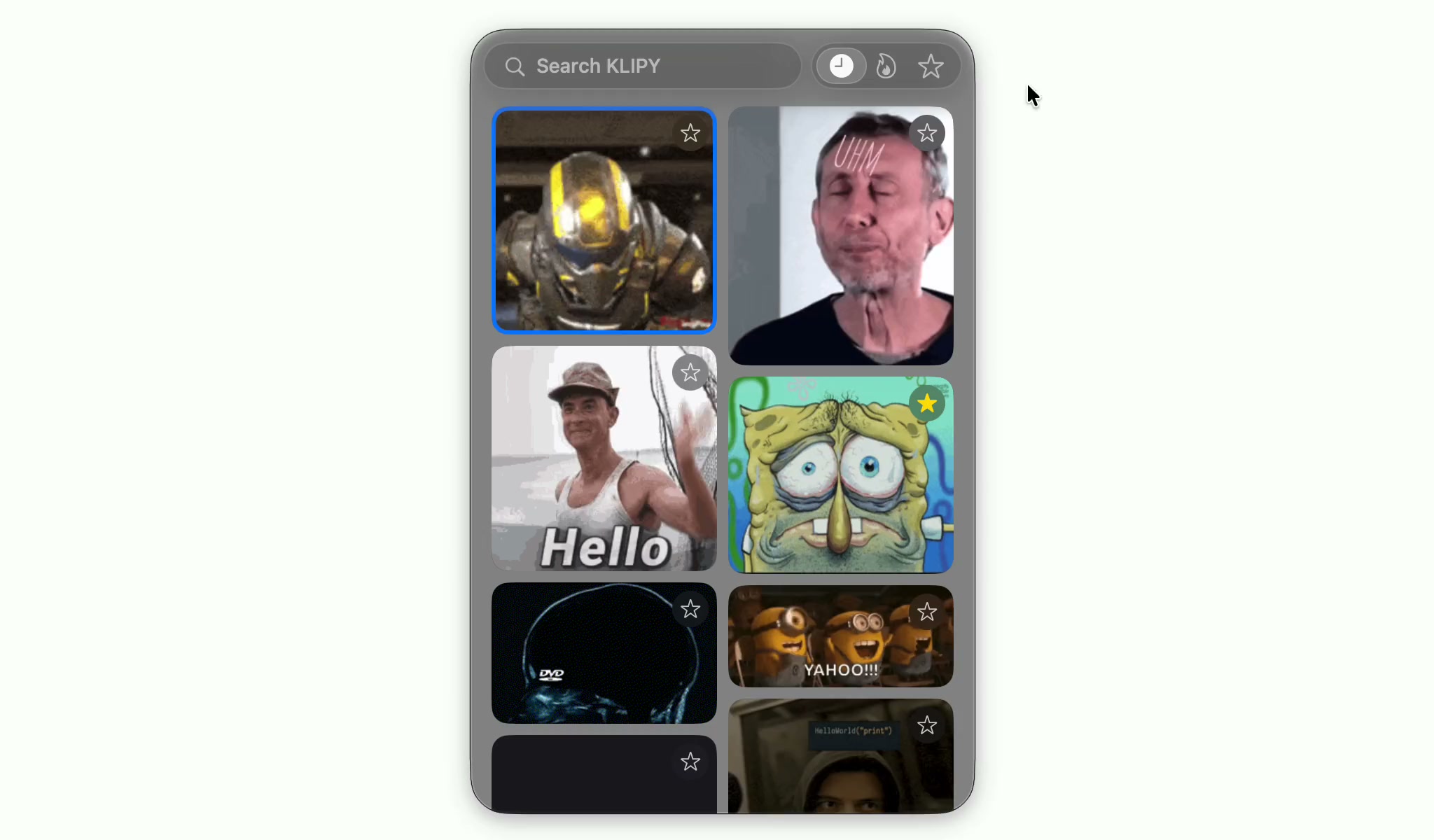 Splice's GIF picker open on a Mac, with a search field, mode buttons for recent, trending and favourites, and a grid of animated GIFs