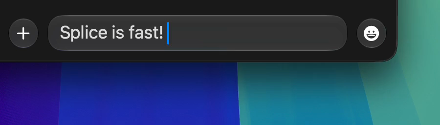 The message “Splice is fast!” typed into Messages on a Mac, before the emoji trigger is typed